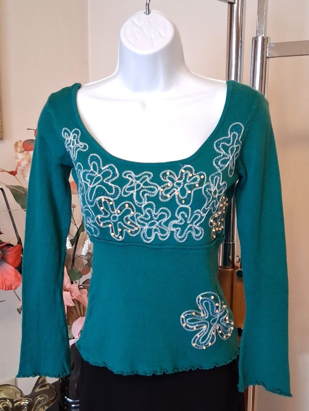Dense Knit Cardigan Embroidered Sweater - Soft Spring Fall Winter Teal Blue S